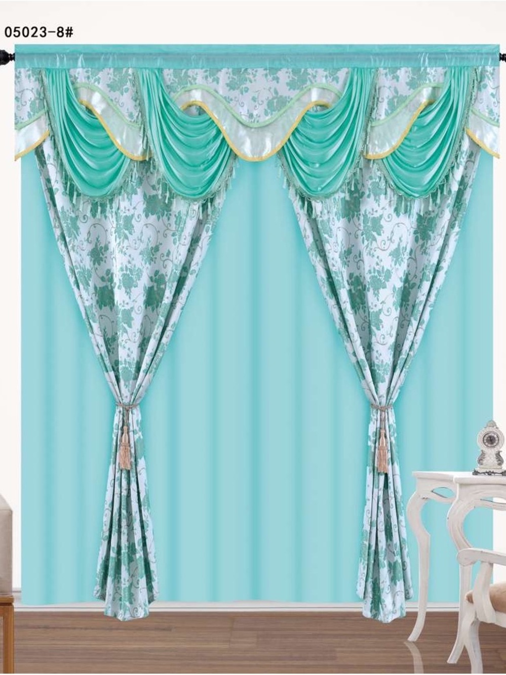 Aqua Draped Window Curtain Set with Valance